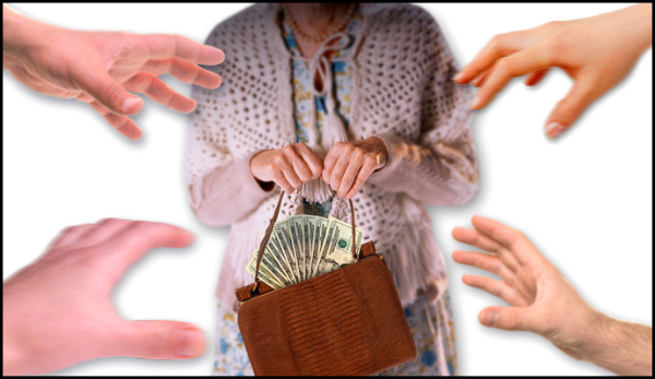 Elderly woman holding purse full of money with many hands trying to grab it.